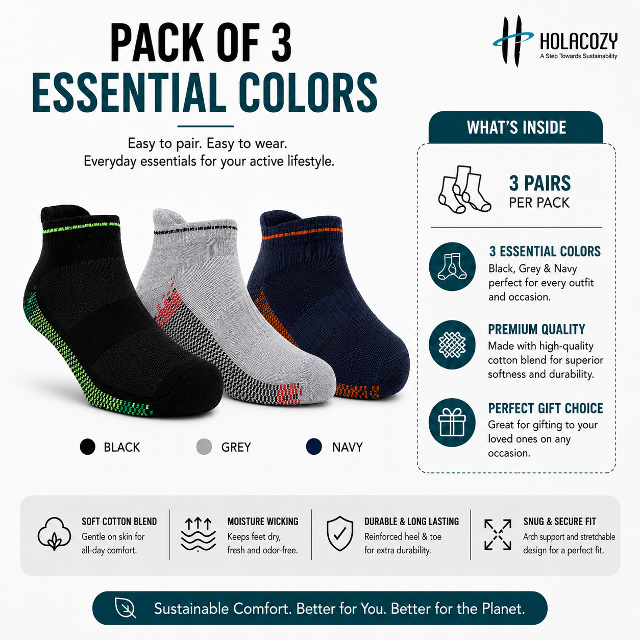 HolaCozy Men’s Cushioned Ankle Terry Socks – Pack of 3, Black Grey Navy