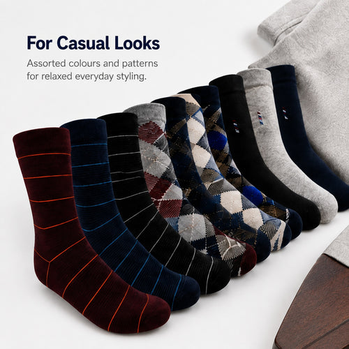 Holacozy Men's Cotton Blend Crew Socks – Assorted Formal & Casual Designs | Pack of 9