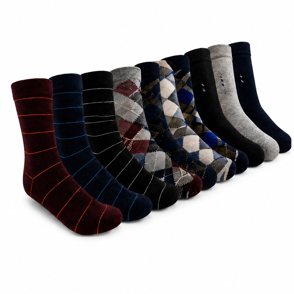 Holacozy Men's Cotton Blend Crew Socks – Assorted Formal & Casual Designs | Pack of 9