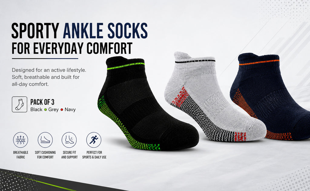 HolaCozy Men’s Cushioned Ankle Terry Socks – Pack of 3, Black Grey Navy