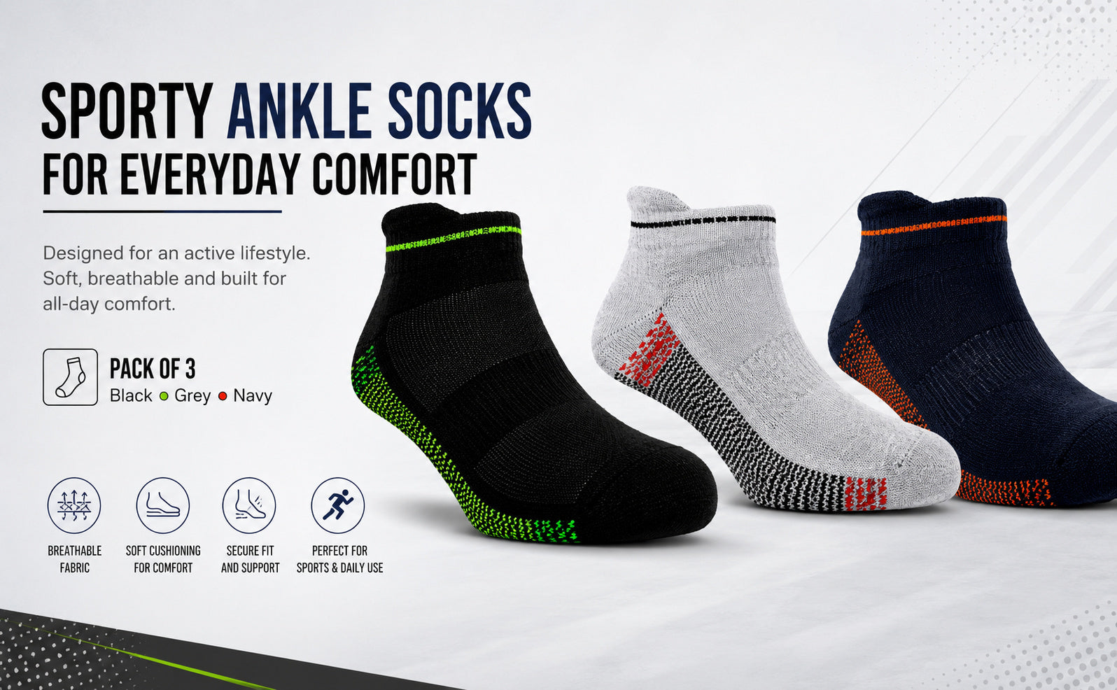 HolaCozy Men’s Cushioned Ankle Terry Socks – Pack of 3, Black Grey Navy